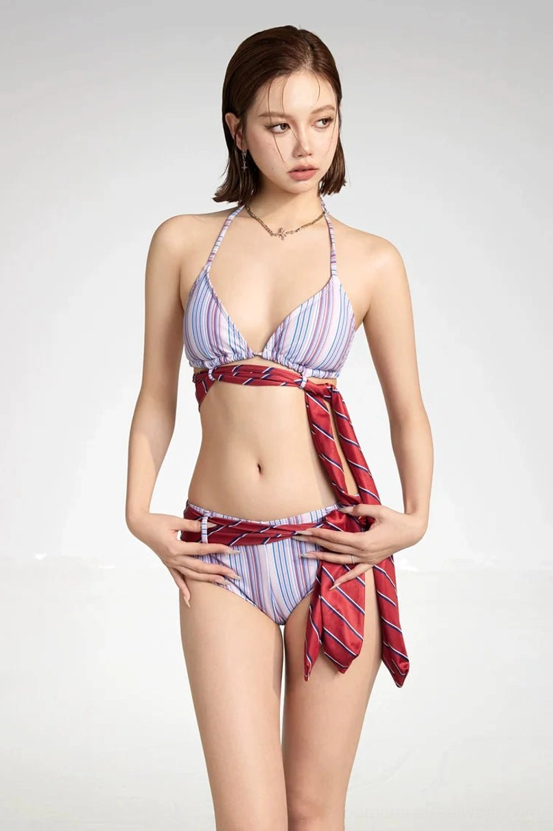 Lavender striped halter bikini with red tie-front and waist accent shown without the cropped cover-up