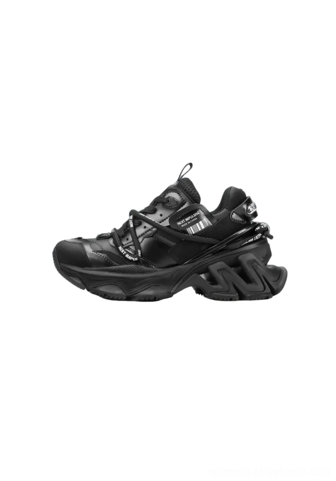 All-black layered chunky dad sneakers with dual lace straps and sculpted platform sole