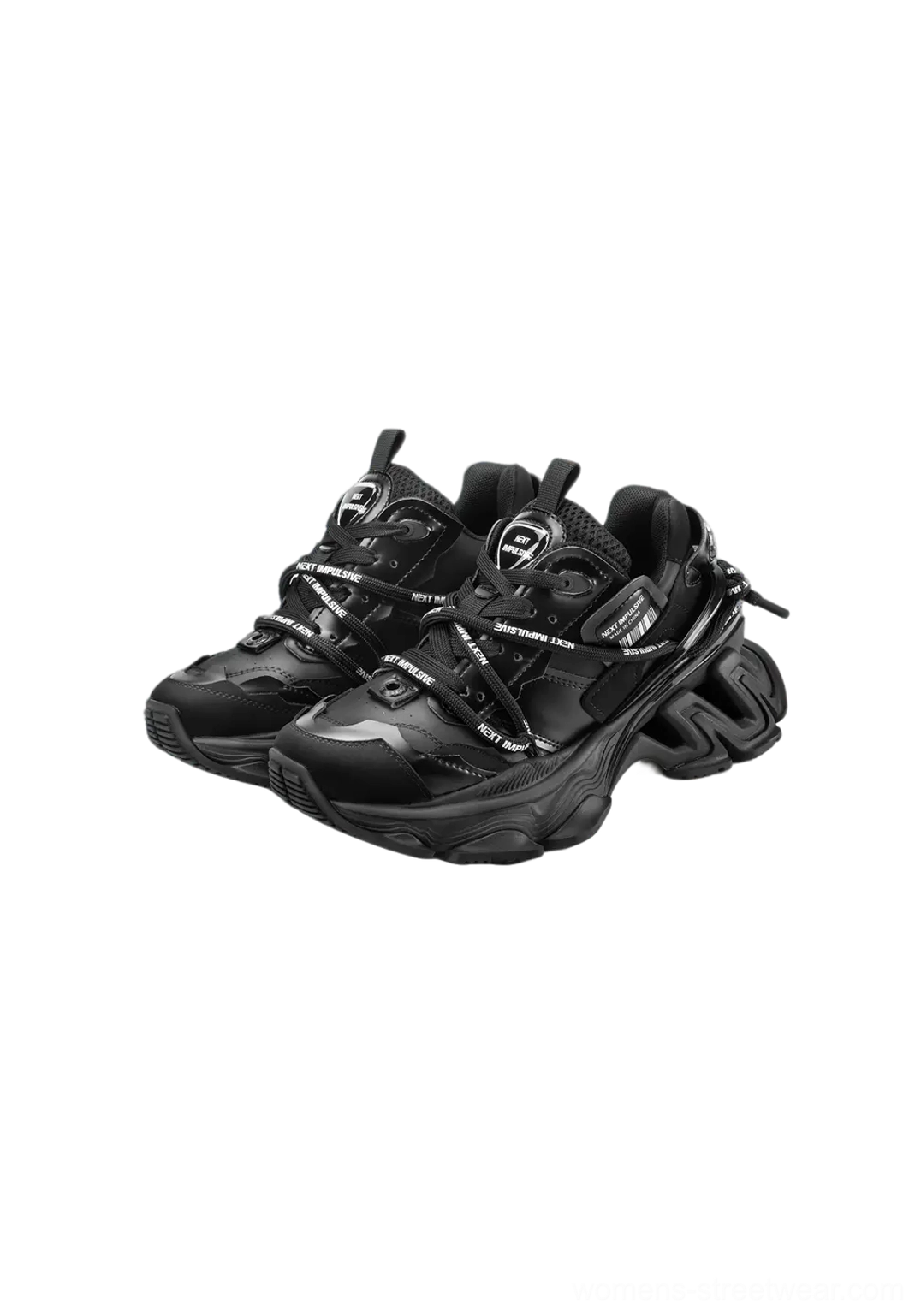 All-black chunky platform dad sneakers with layered upper and double lacing right front view