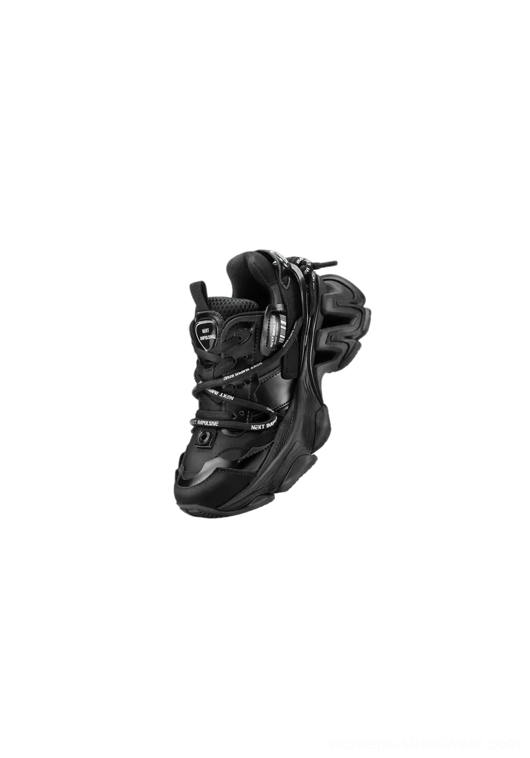All-black layered chunky dad sneaker rear three-quarter view with textured upper