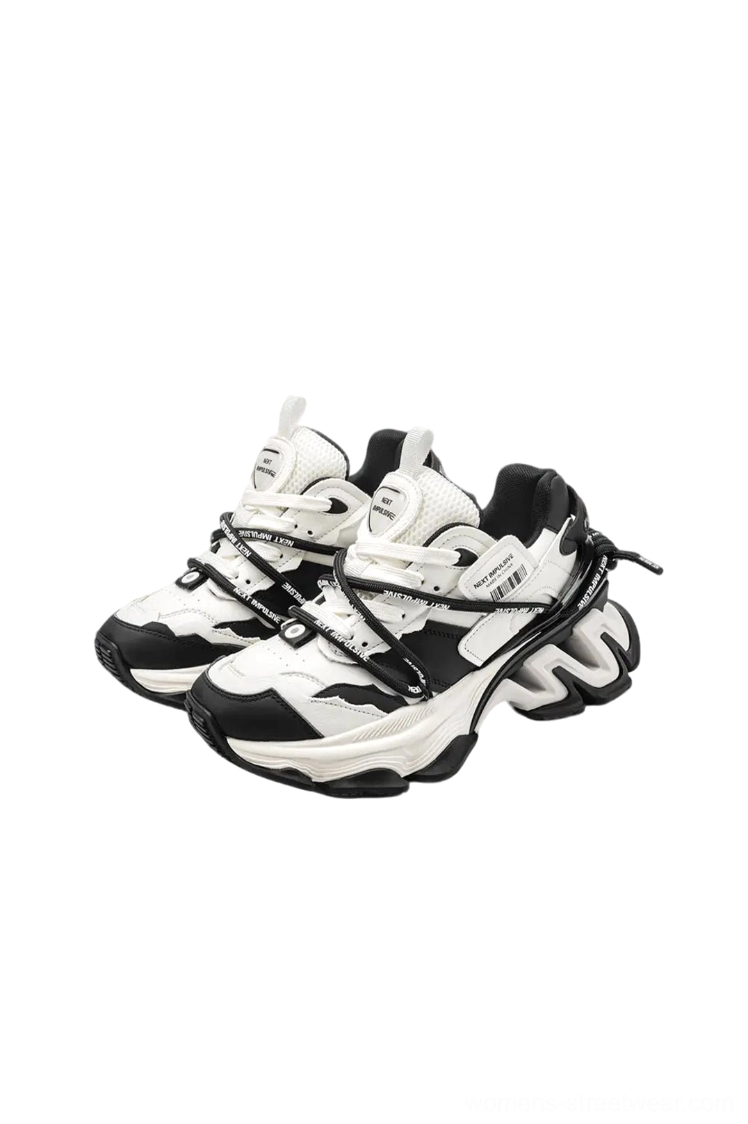 Black and white chunky platform dad sneakers with layered upper and double lace details right front view