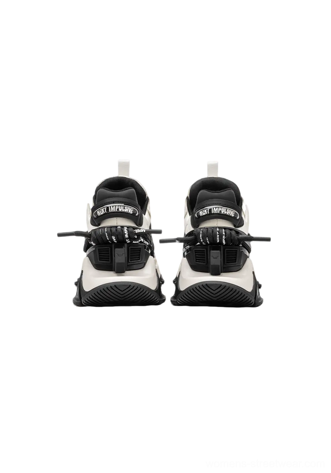 Rear view of black and white chunky dad sneakers with layered heel structure and platform outsole