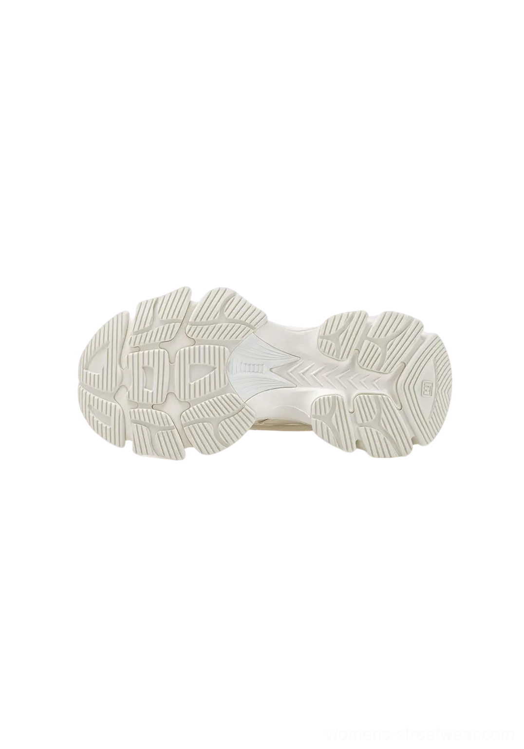 Layered chunky dad sneakers showing dual lacing and segmented outsole construction