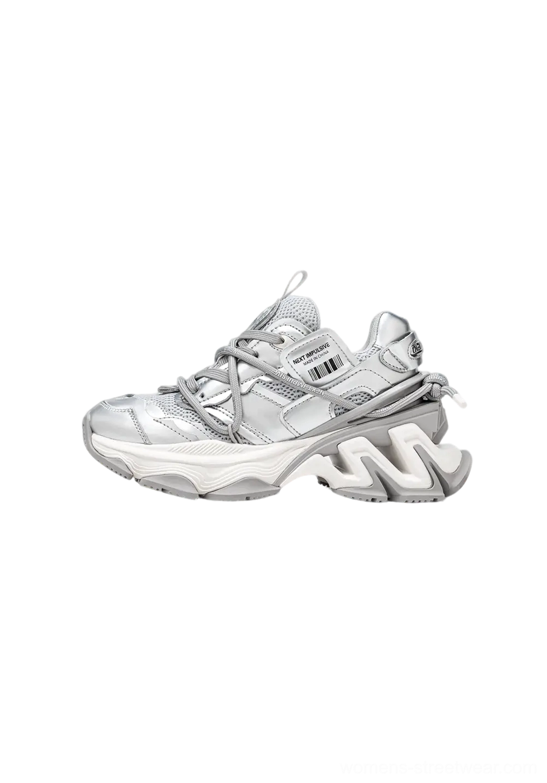 Silver layered chunky dad sneakers with dual lacing and sculpted platform sole