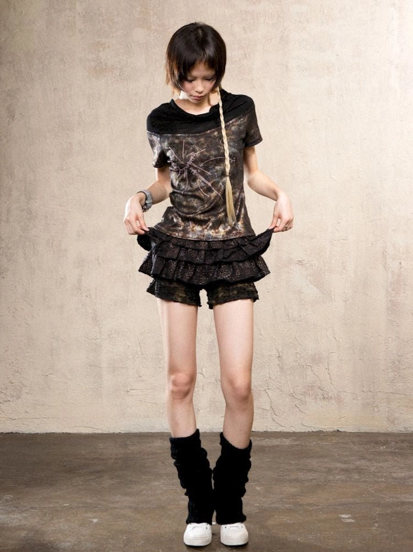 Layered gothic ruffle skort pants suitable for boots graphic tees and oversized streetwear tops