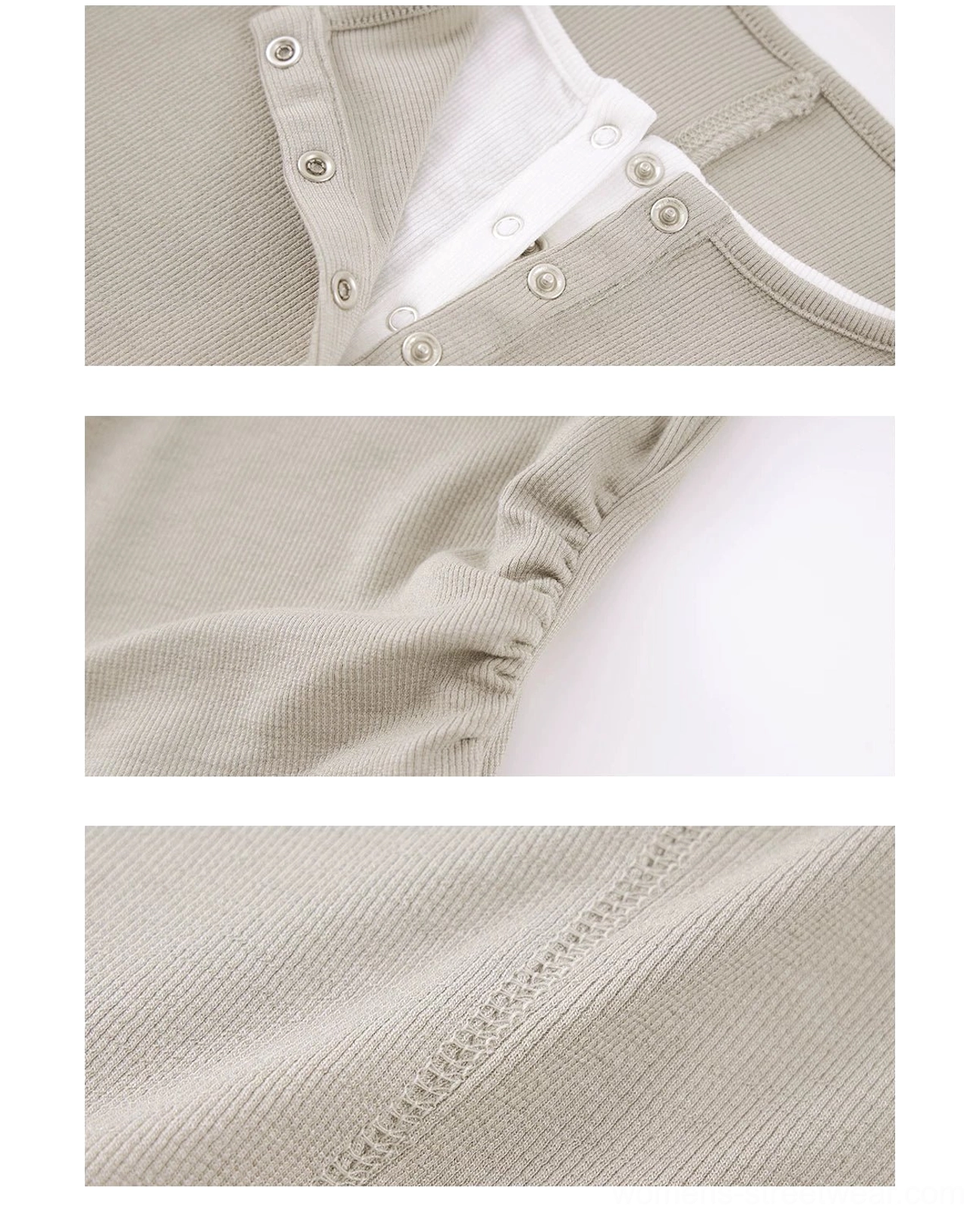 Close-up detail of layered Henley streetwear top with metal snap buttons, white contrast collar trim, and ribbed knit texture