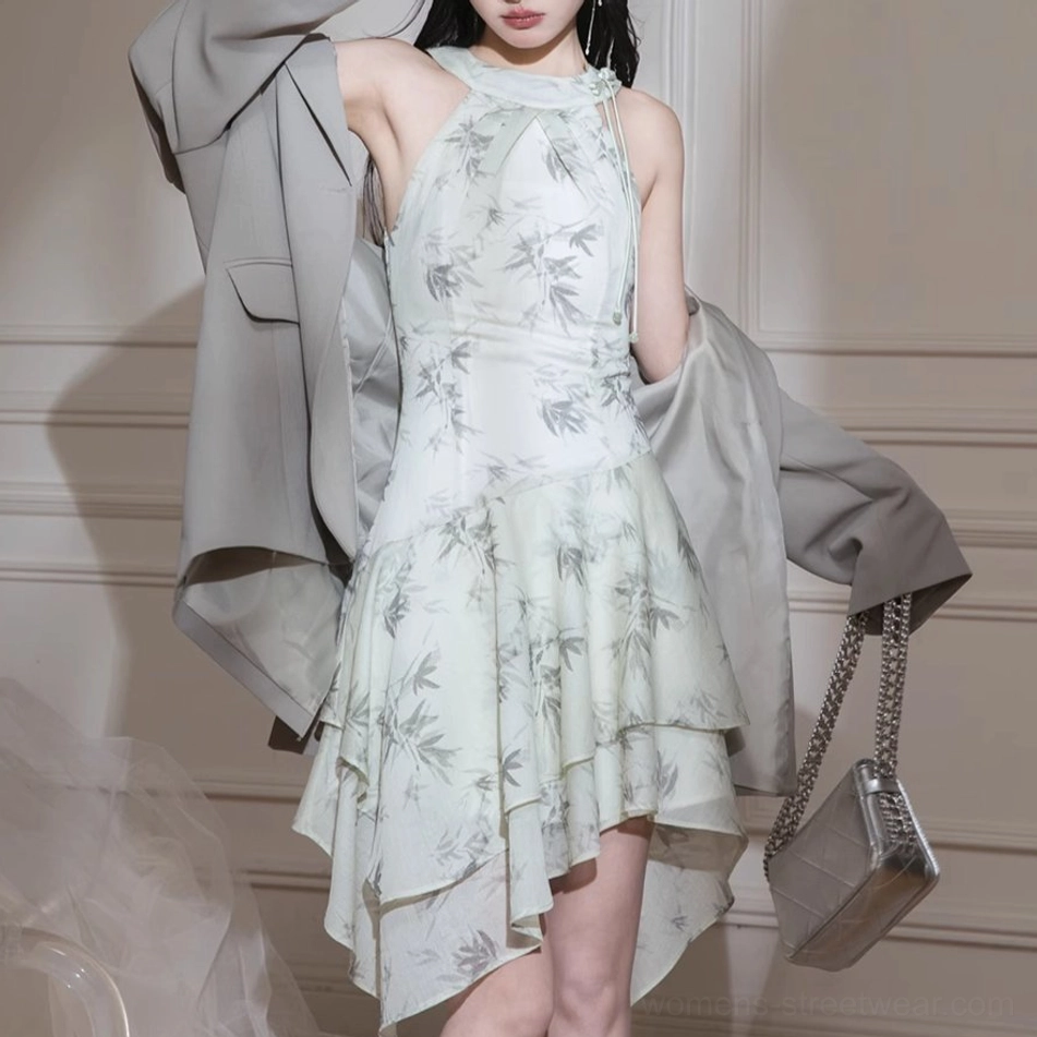 Layered ink bamboo halter dress with irregular chiffon ruffle hem grey blazer and silver quilted chain bag