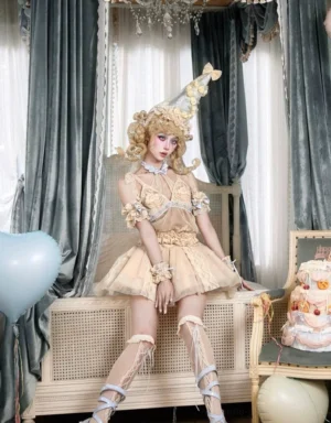 Layered lace tulle mini skirt featured in a full clown-inspired vintage lolita outfit with corset top, blue trim, and ornate party accessories
