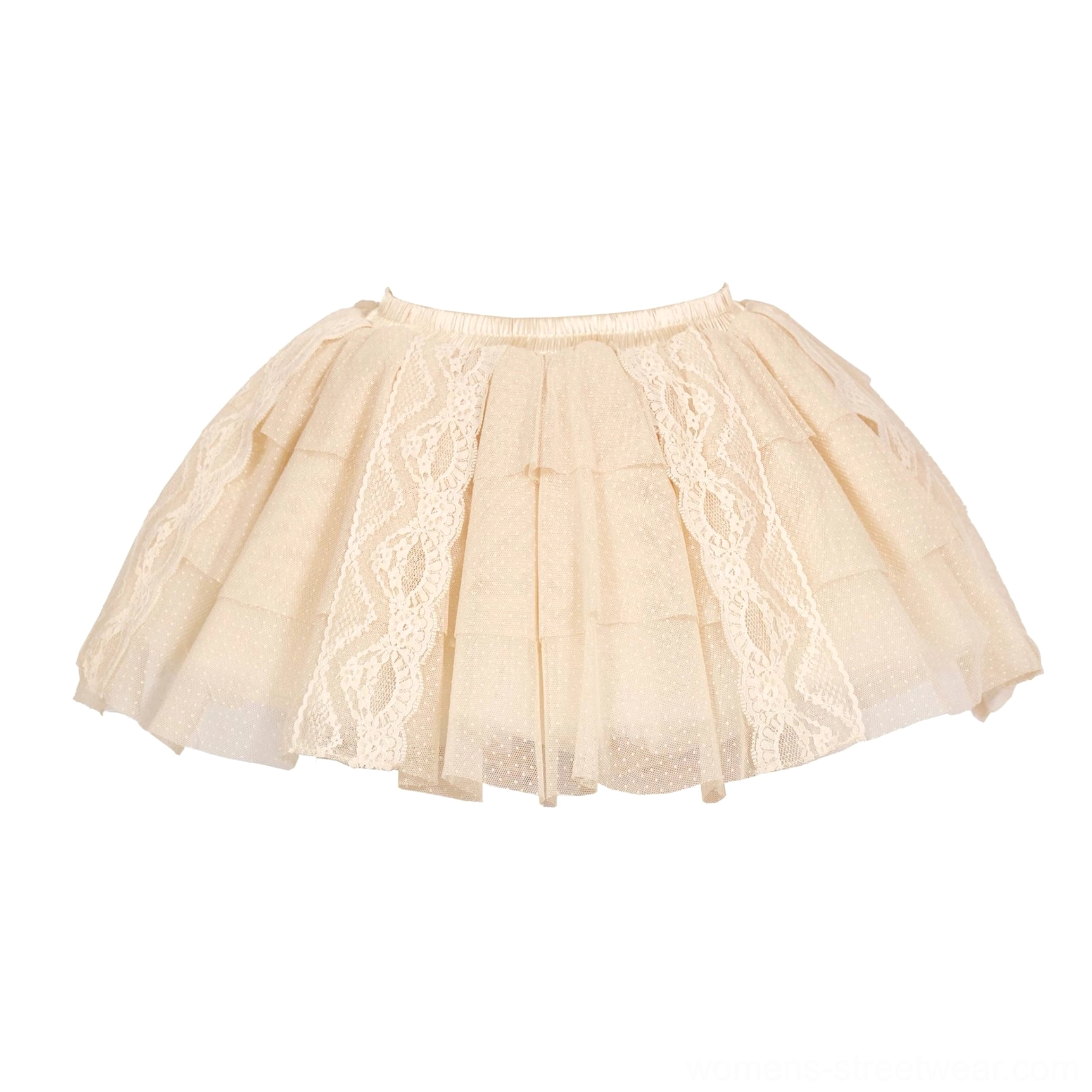 Layered lace tulle mini skirt in the Elastic Waist Lace color option with soft mesh layers and a feminine vintage silhouette