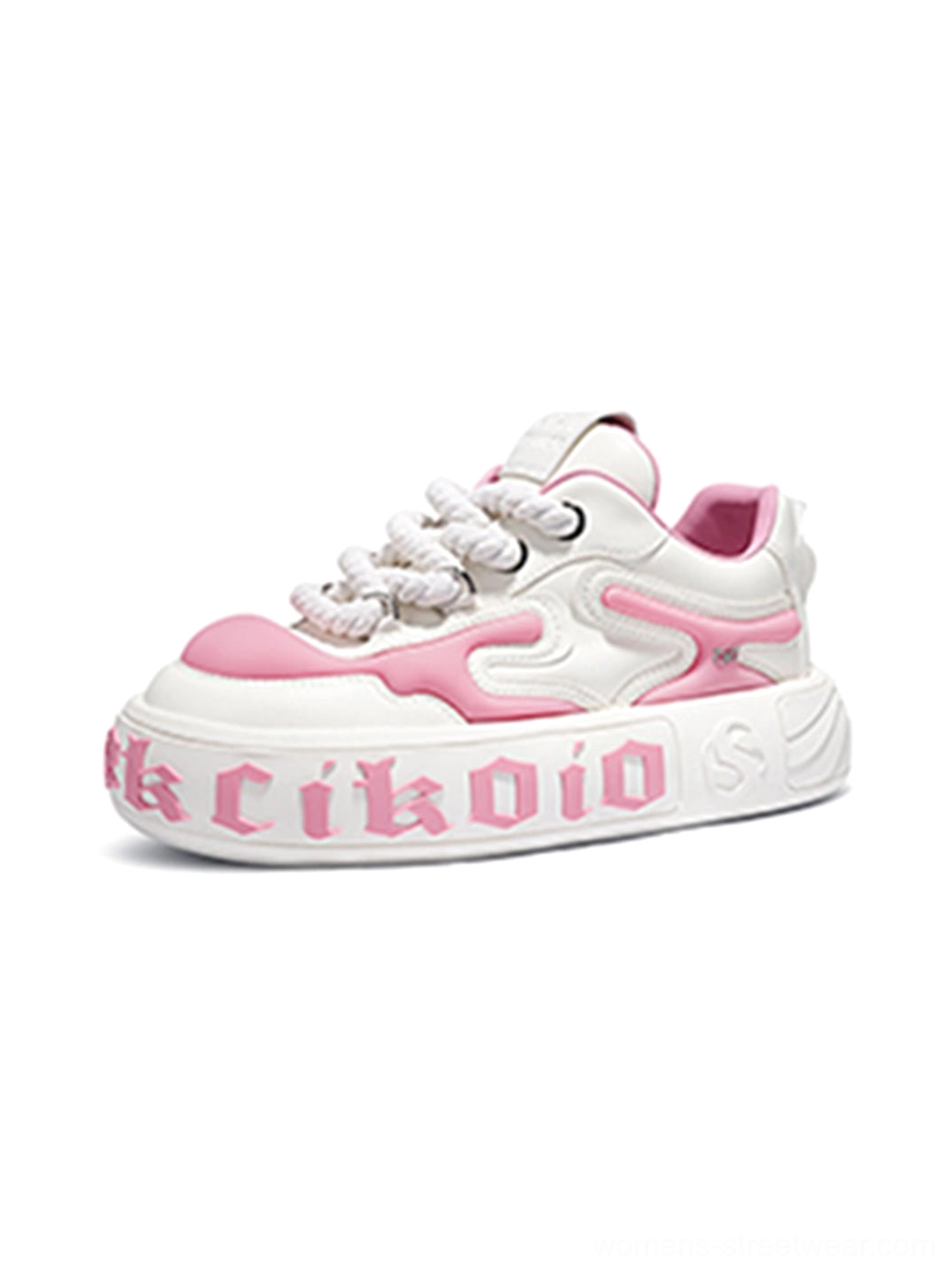 Pink and white chunky platform skate sneaker side view showing thick woven laces padded rounded toe and layered panels