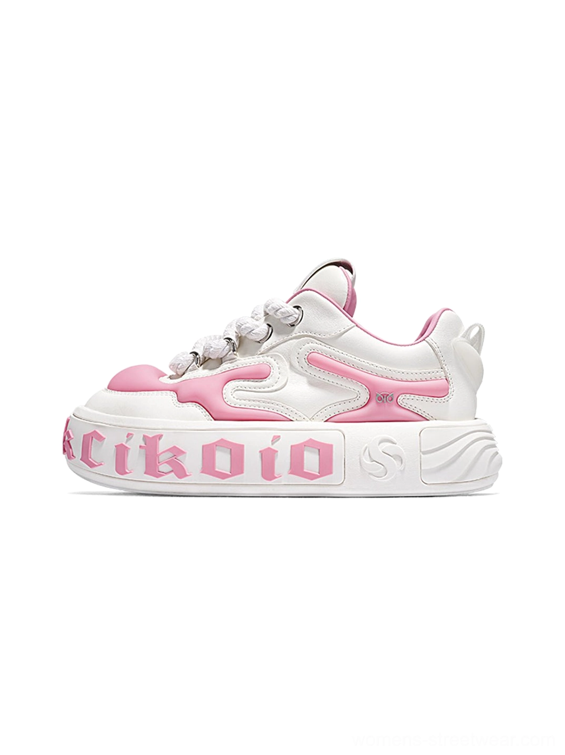 Pink and white layered leather platform skate sneaker side profile with pink sole lettering and sculpted chunky outsole