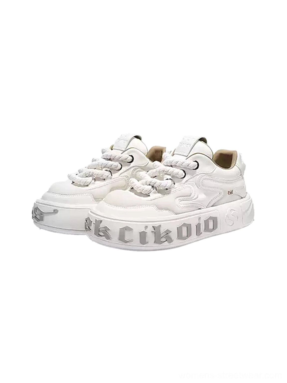 White layered leather wavy platform skate sneakers pair shown in front three-quarter view with chunky sole and thick laces