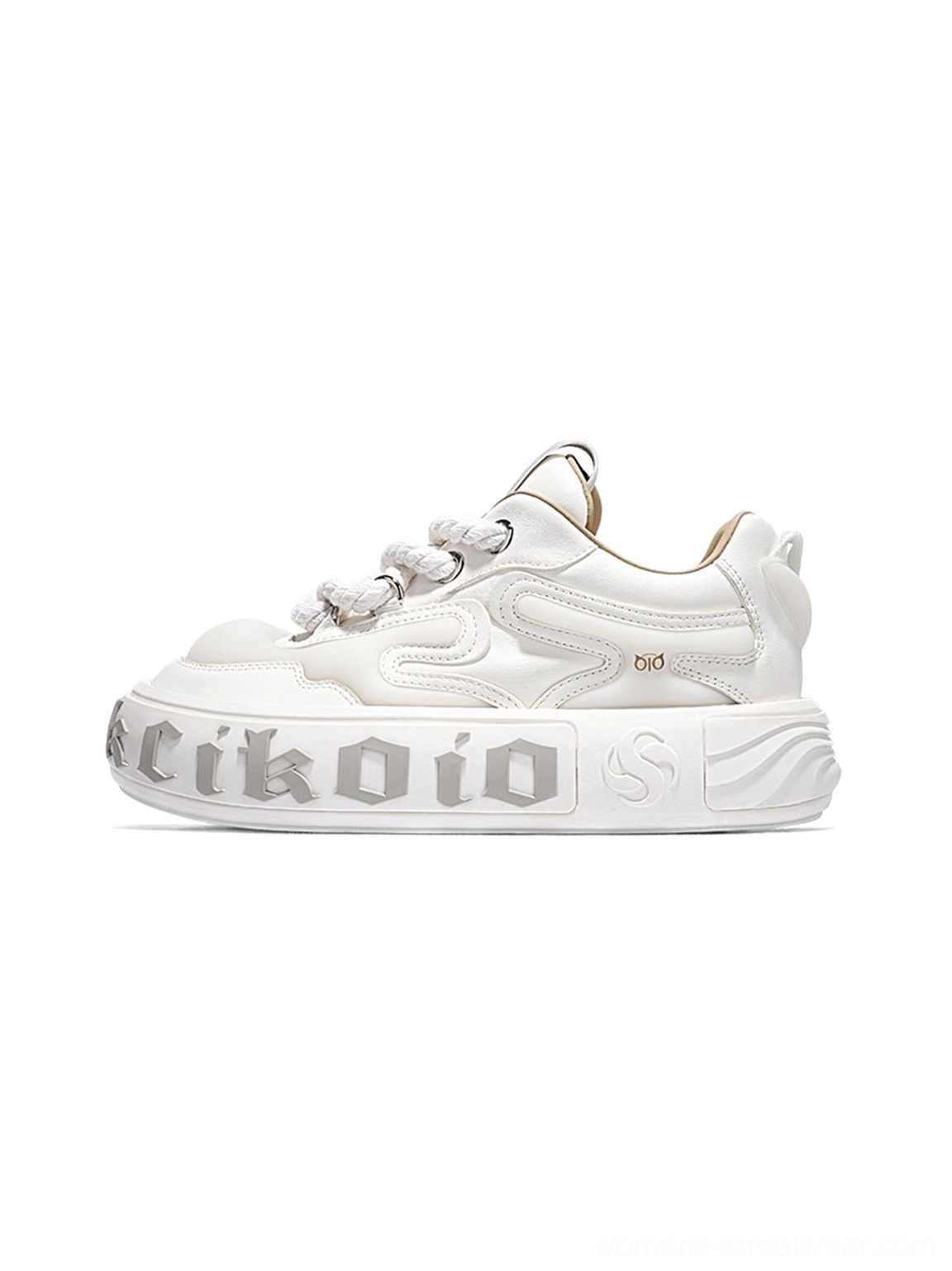 White layered leather platform skate sneaker side profile showing sculpted chunky sole and embossed side panel details