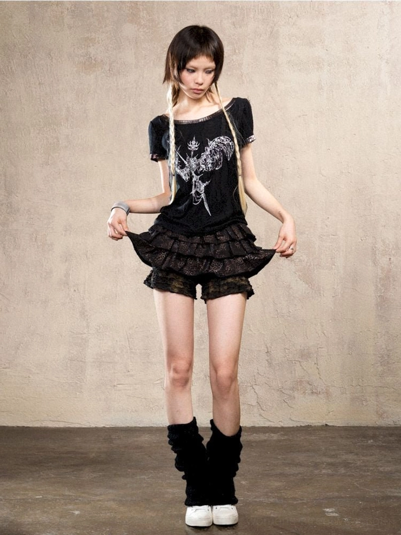 Layered mini skirt pants with lace ruffles for contemporary Korean streetwear outfits