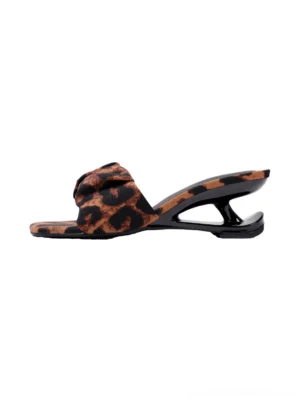 Brown leopard print bow square-toe sculpted wedge slide sandal shown in left side profile on a white background