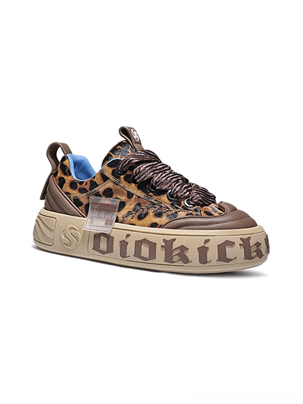 Leopard print chunky skate sneaker front view with brown toe cap, blue lining, braided laces, and thick platform sole