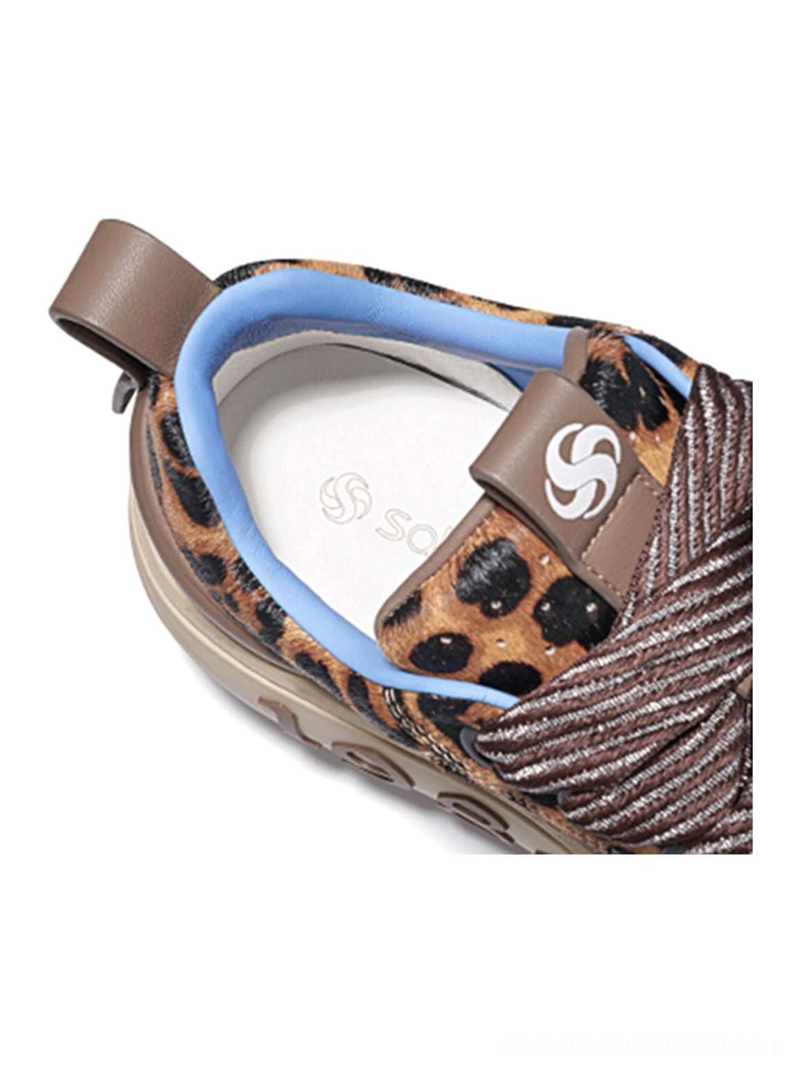 Leopard print chunky skate sneaker interior and side view with blue collar lining, insole detail, braided laces, and heel pull tab