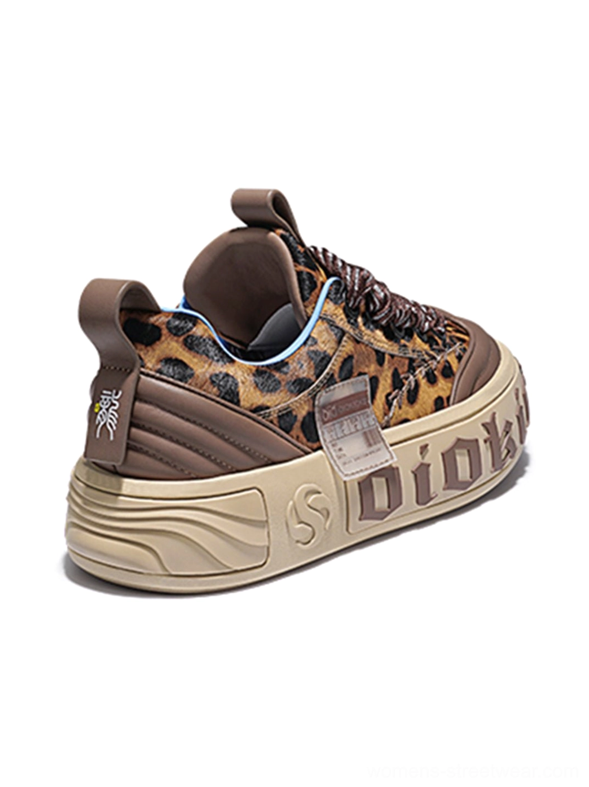 Leopard print chunky skate sneaker rear three-quarter view showing textured upper, heel pull tab, and substantial outsole