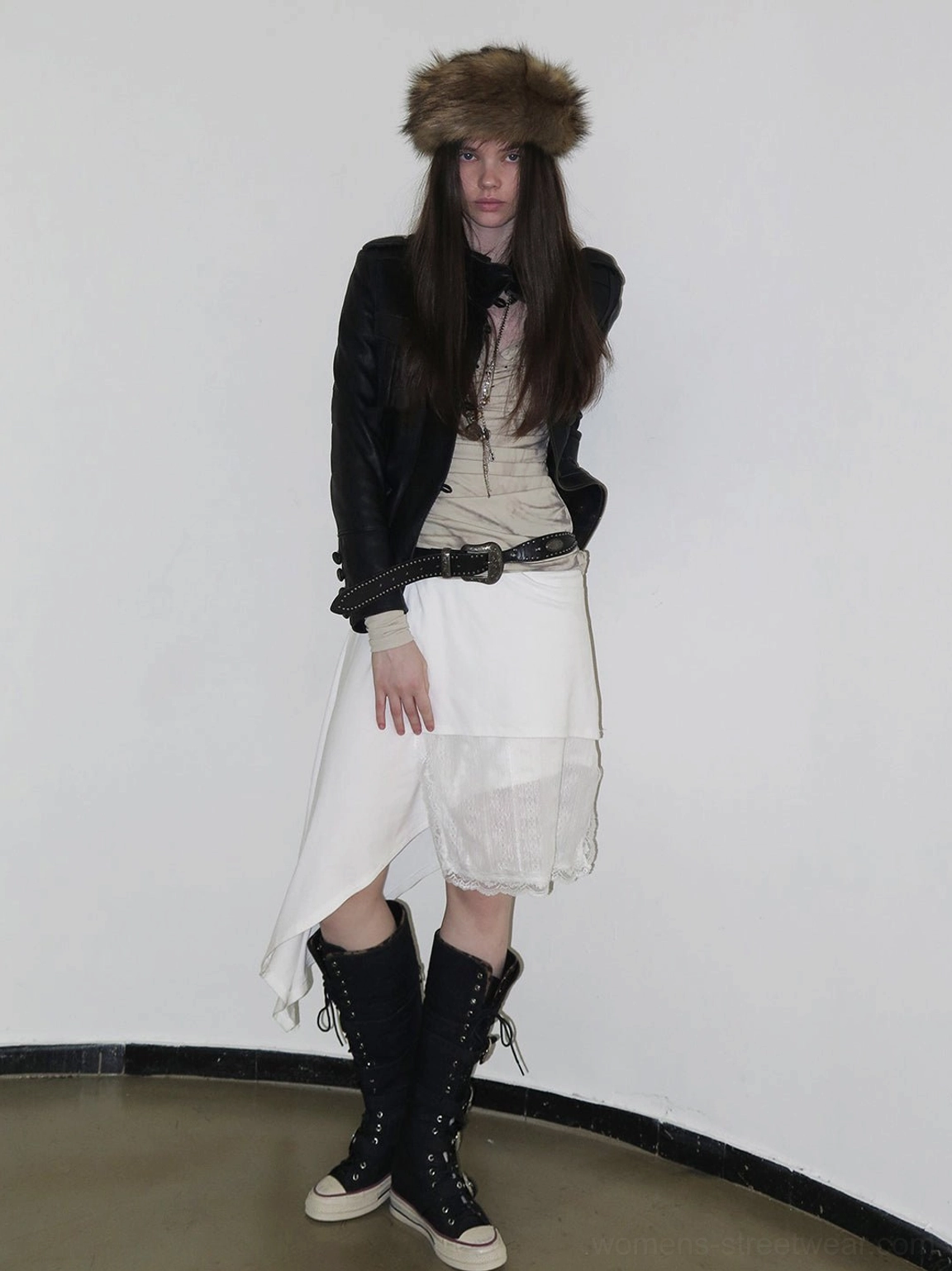 Complete Y2K streetwear look with leopard print cuff buckle knee-high black canvas boots