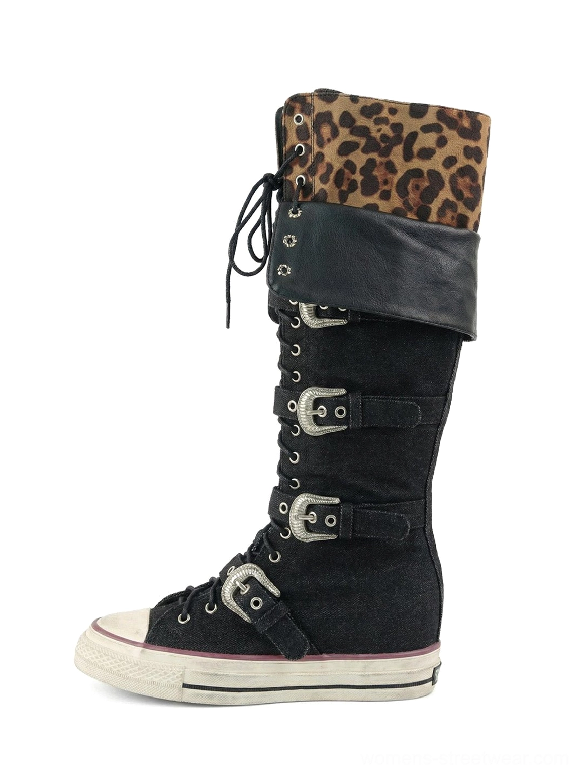 Black leopard cuff buckle knee-high canvas streetwear boots with lace-up front and striped rubber sole