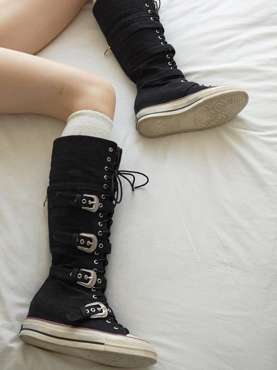 Leopard cuff buckle knee-high canvas streetwear boots with contrast striped rubber sole