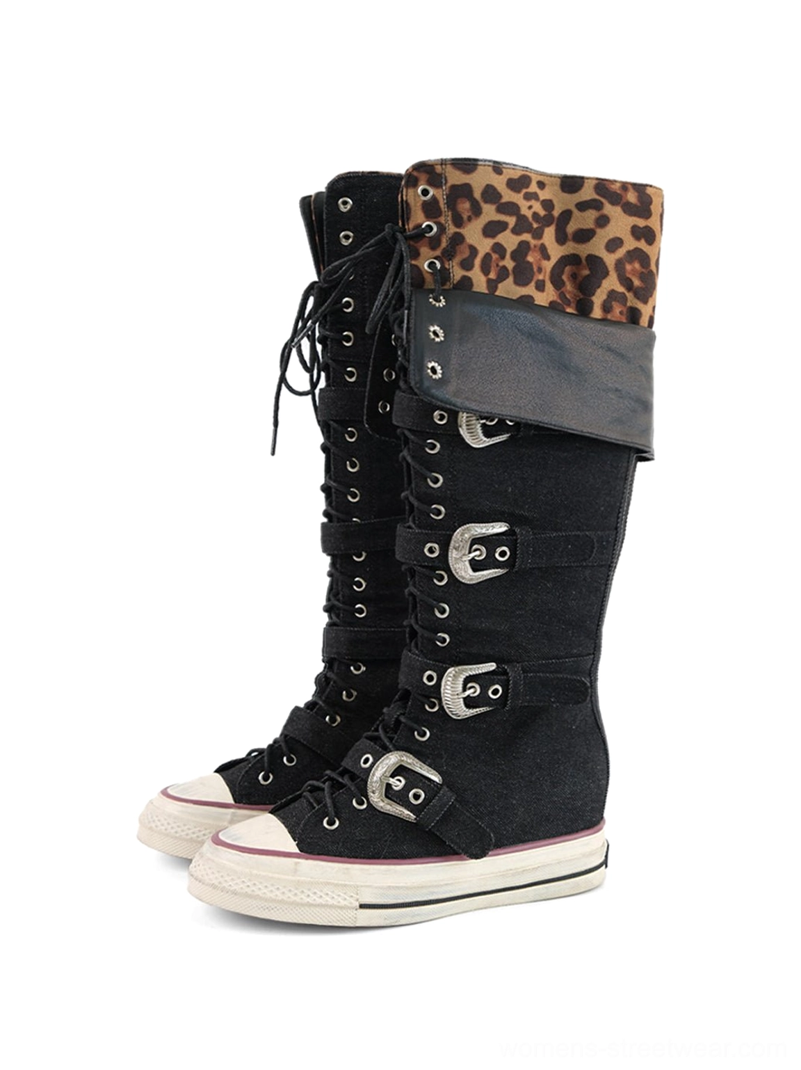 Leopard cuff buckle knee-high canvas streetwear boots black Y2K punk footwear product image
