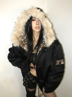 Front three-quarter view of a black cropped leopard-lined bomber jacket with oversized hood and plush faux-fur collar styled as bold winter streetwear
