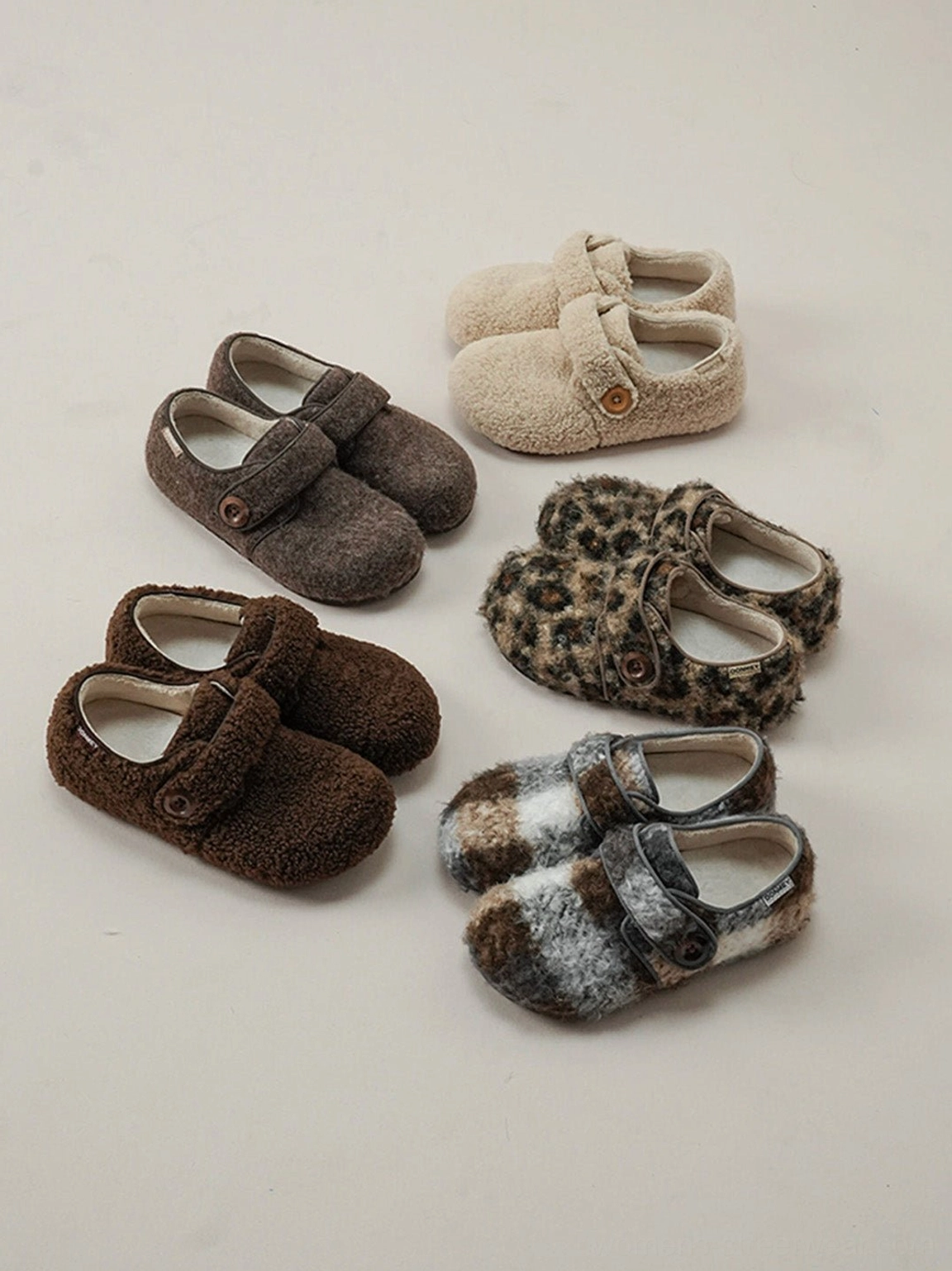 Leopard faux fur Velcro slip-on shoes with fleece-lined interior rounded rubber sole and contemporary streetwear design