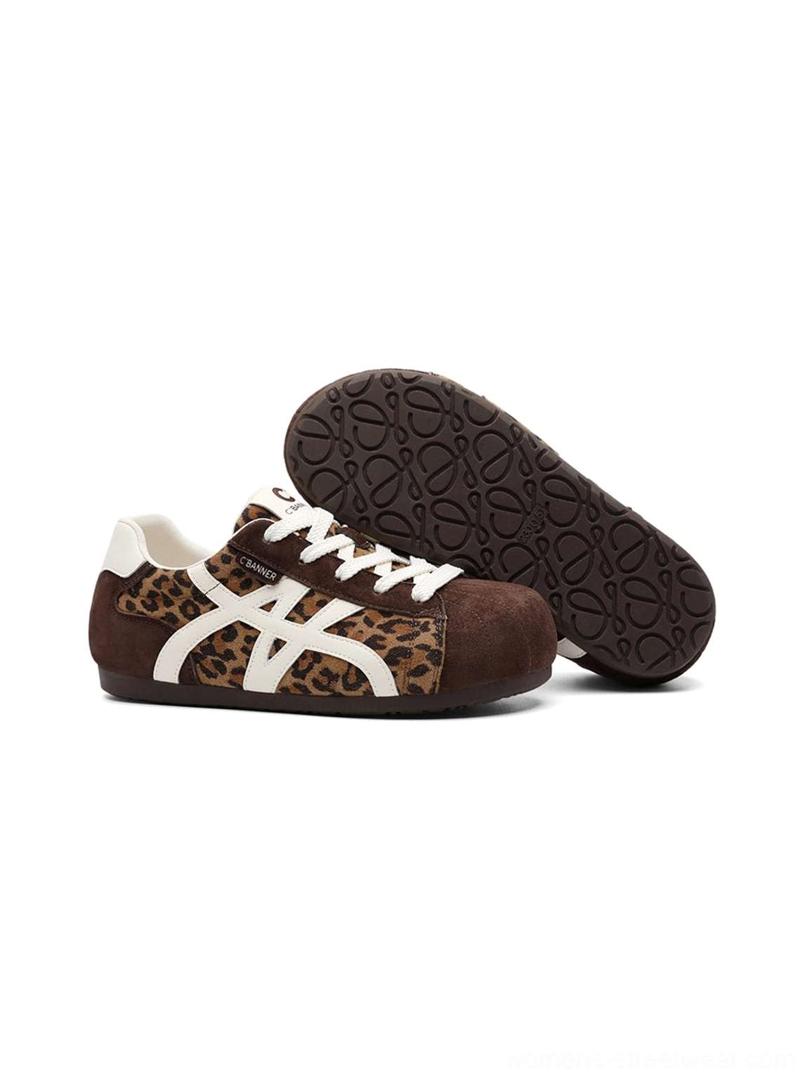Leopard panel gum sole retro trainers for women showing the brown suede details and textured outsole