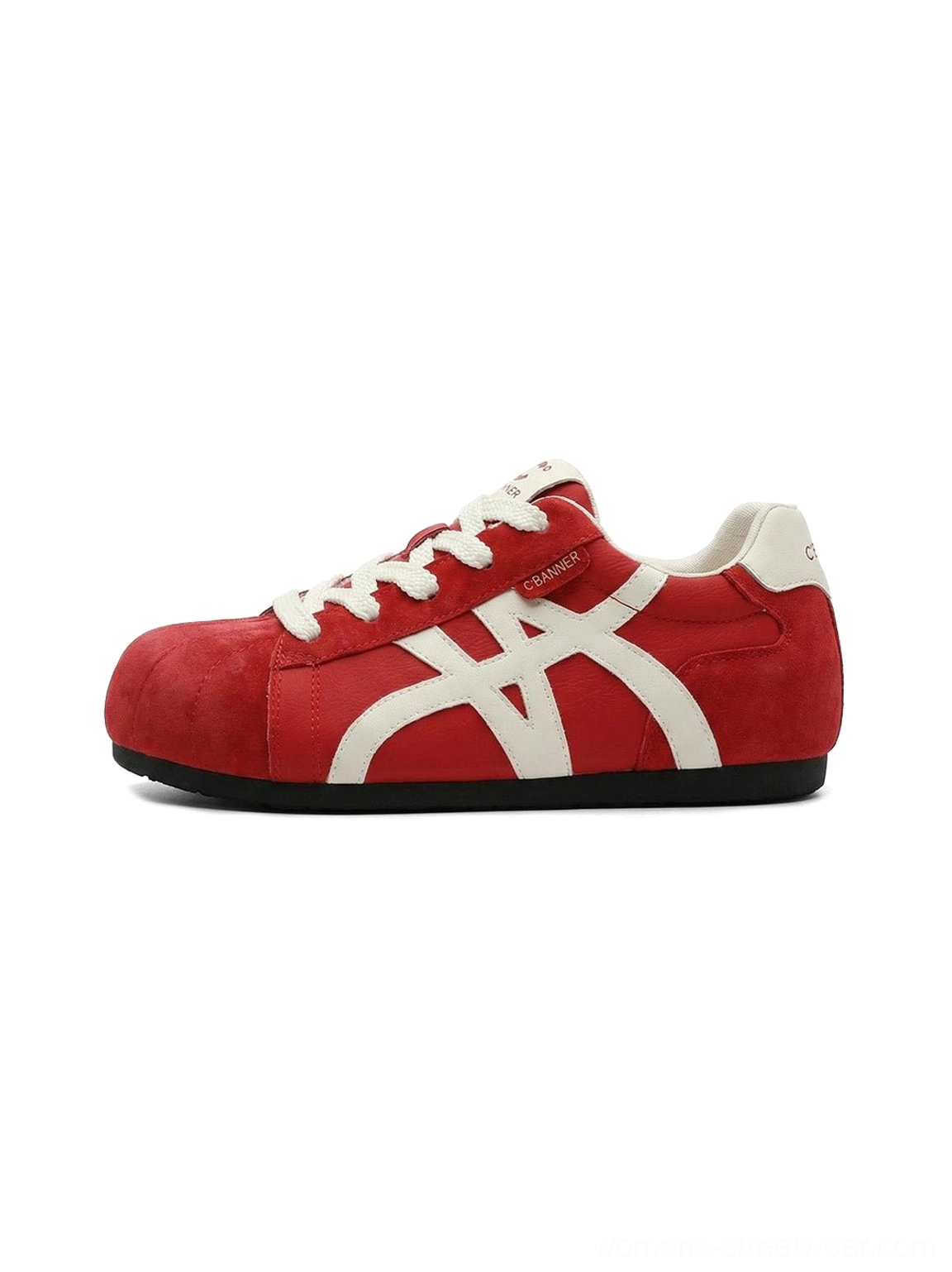 Red gum sole retro streetwear trainers for women with white contrast side stripes and white laces