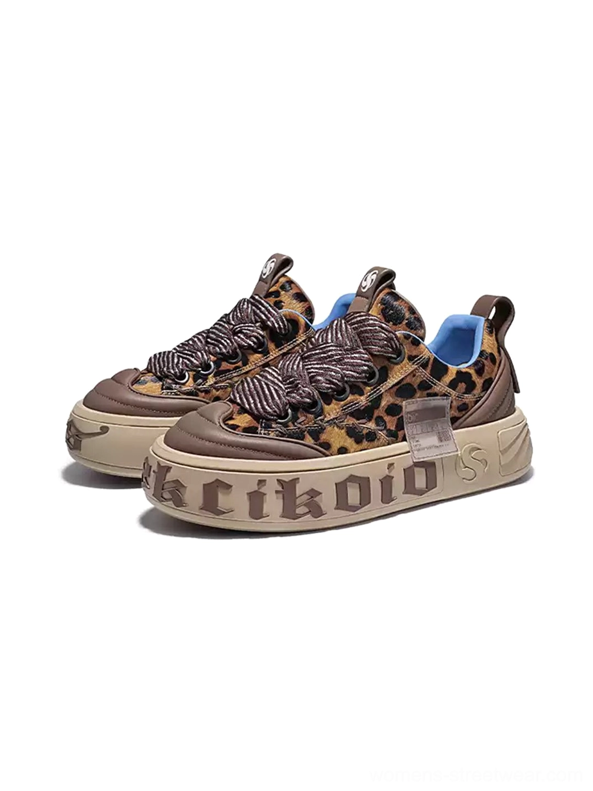 Pair of leopard print chunky skate sneakers shown from an overhead front angle on a white background