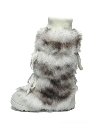 Leopard print fuzzy mid-calf platform boots with off-white chunky sole and ribbed sock-style cuff on white background