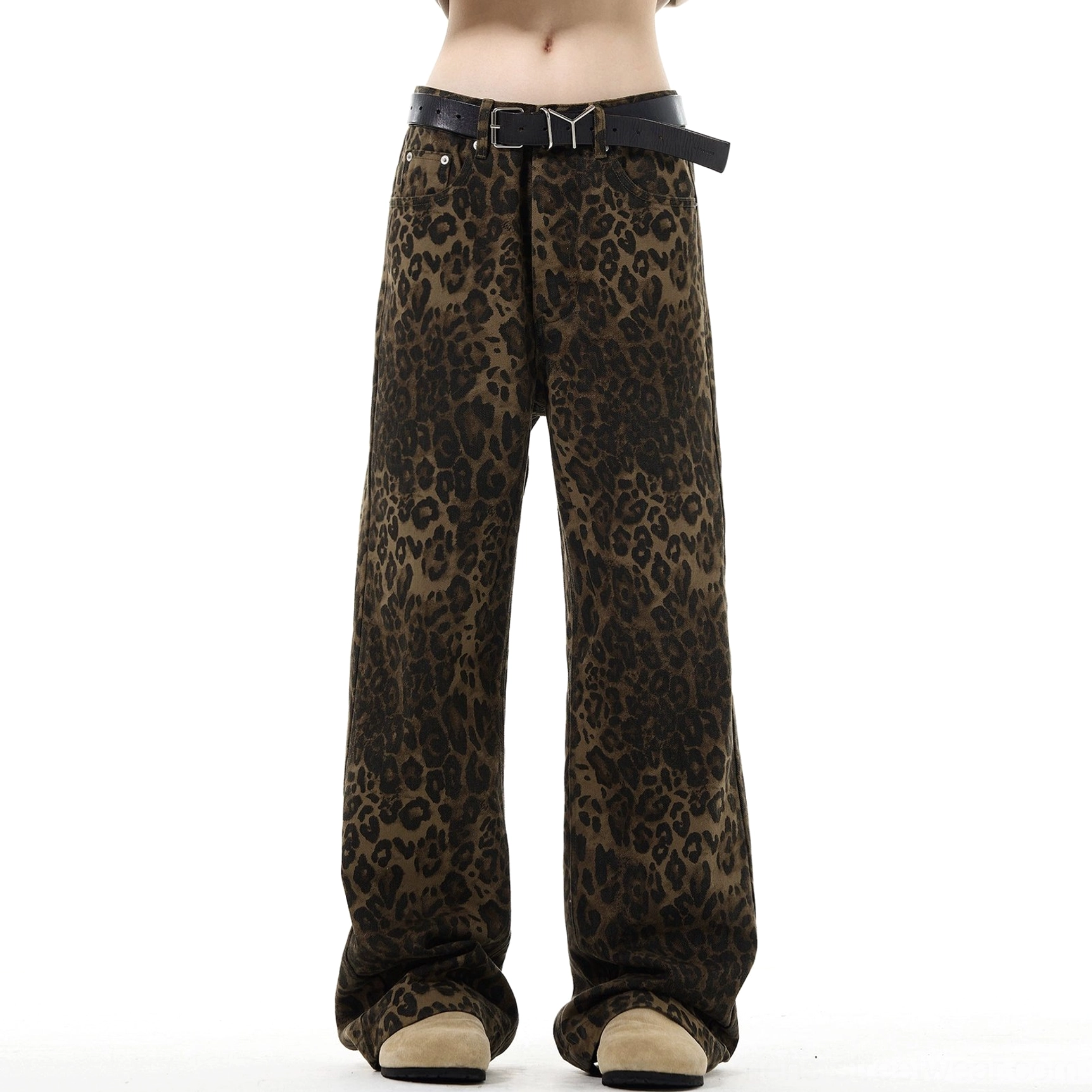 Flat lay front view of leopard print high-waist wide-leg trousers with button fly and black Y buckle belt