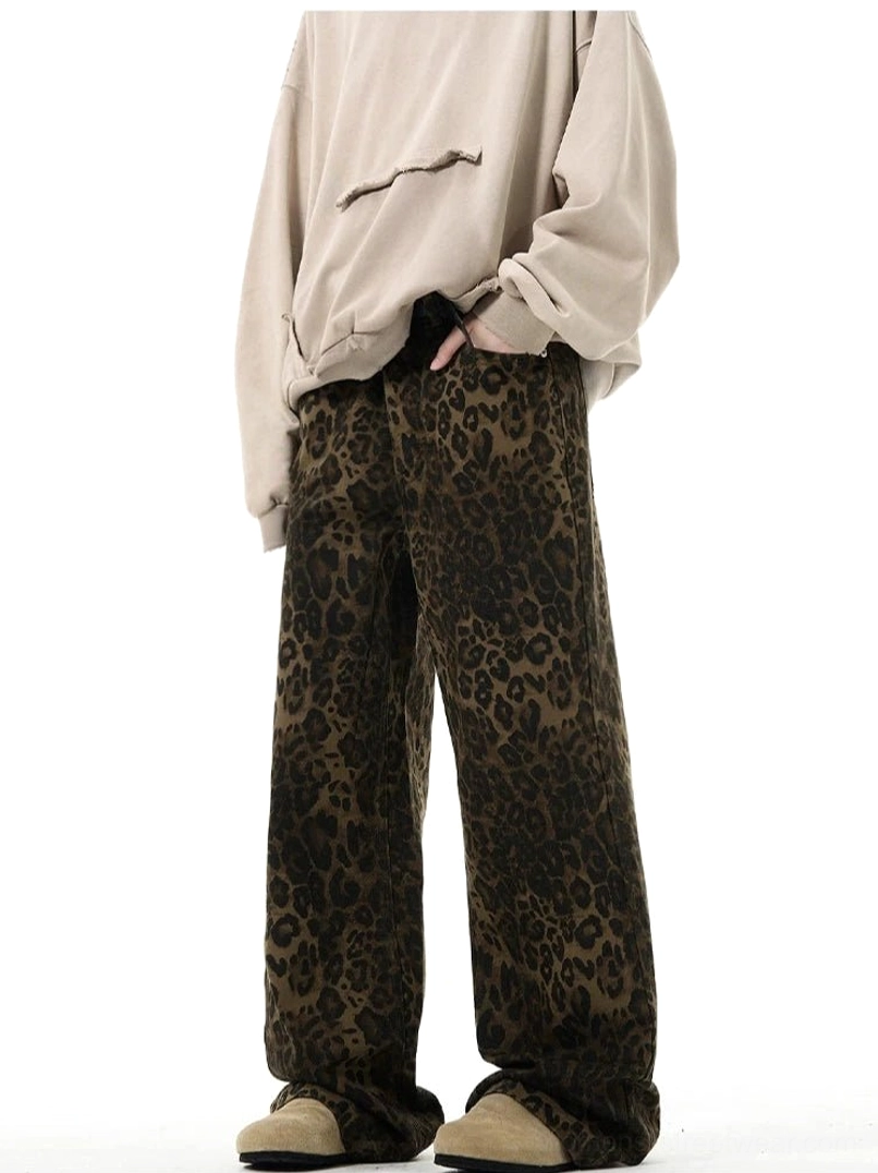Leopard print wide-leg streetwear pants side profile showing relaxed fit back pocket and full coverage print