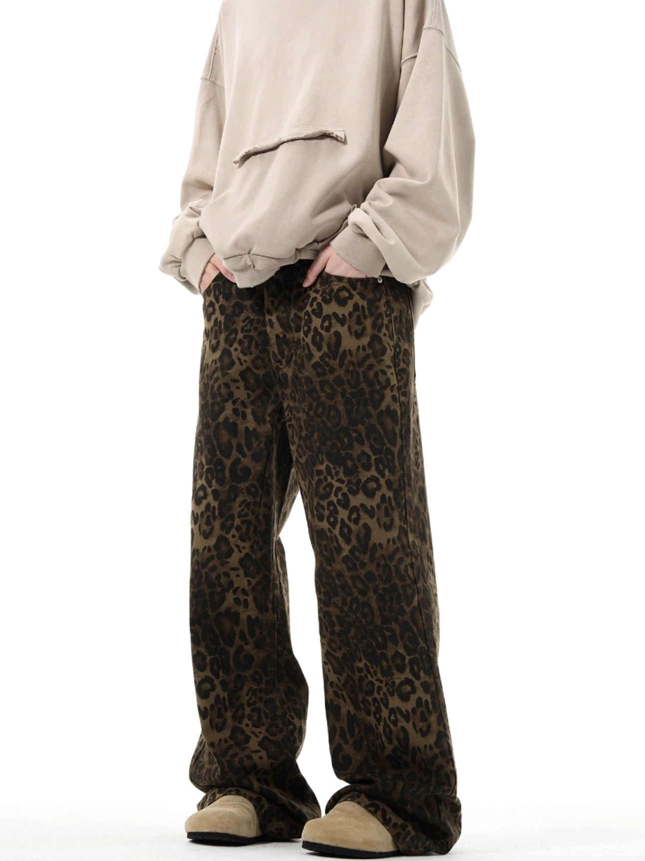 Brown and black leopard print wide-leg trousers front view with high waist and side pockets