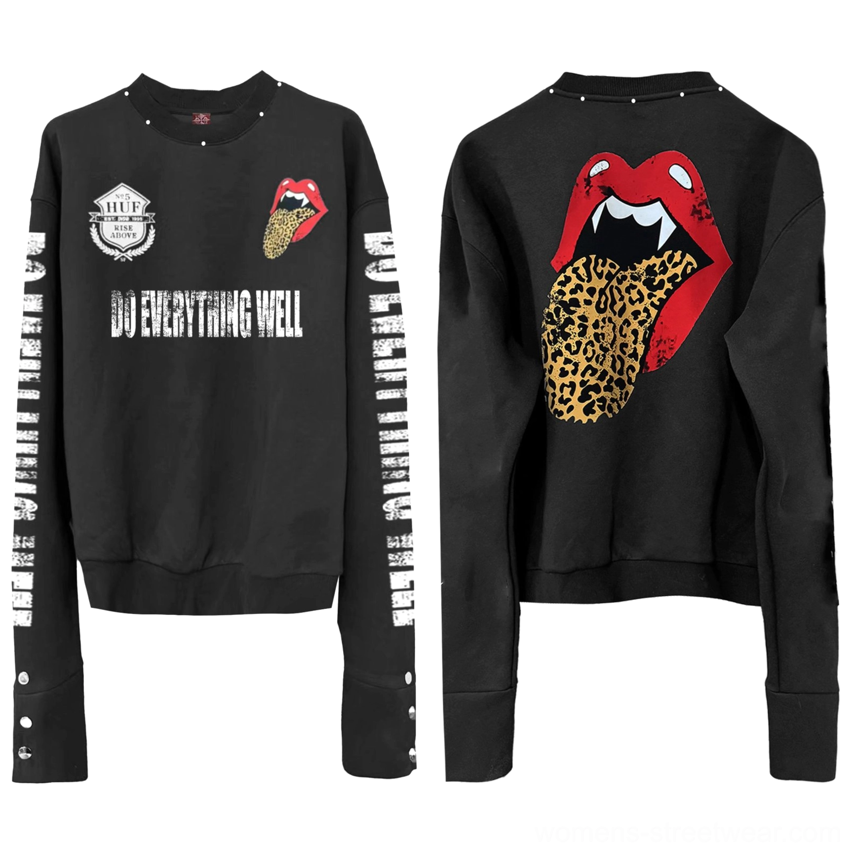 Flat lay front and back view of black leopard tongue fanged lips graphic crewneck sweatshirt