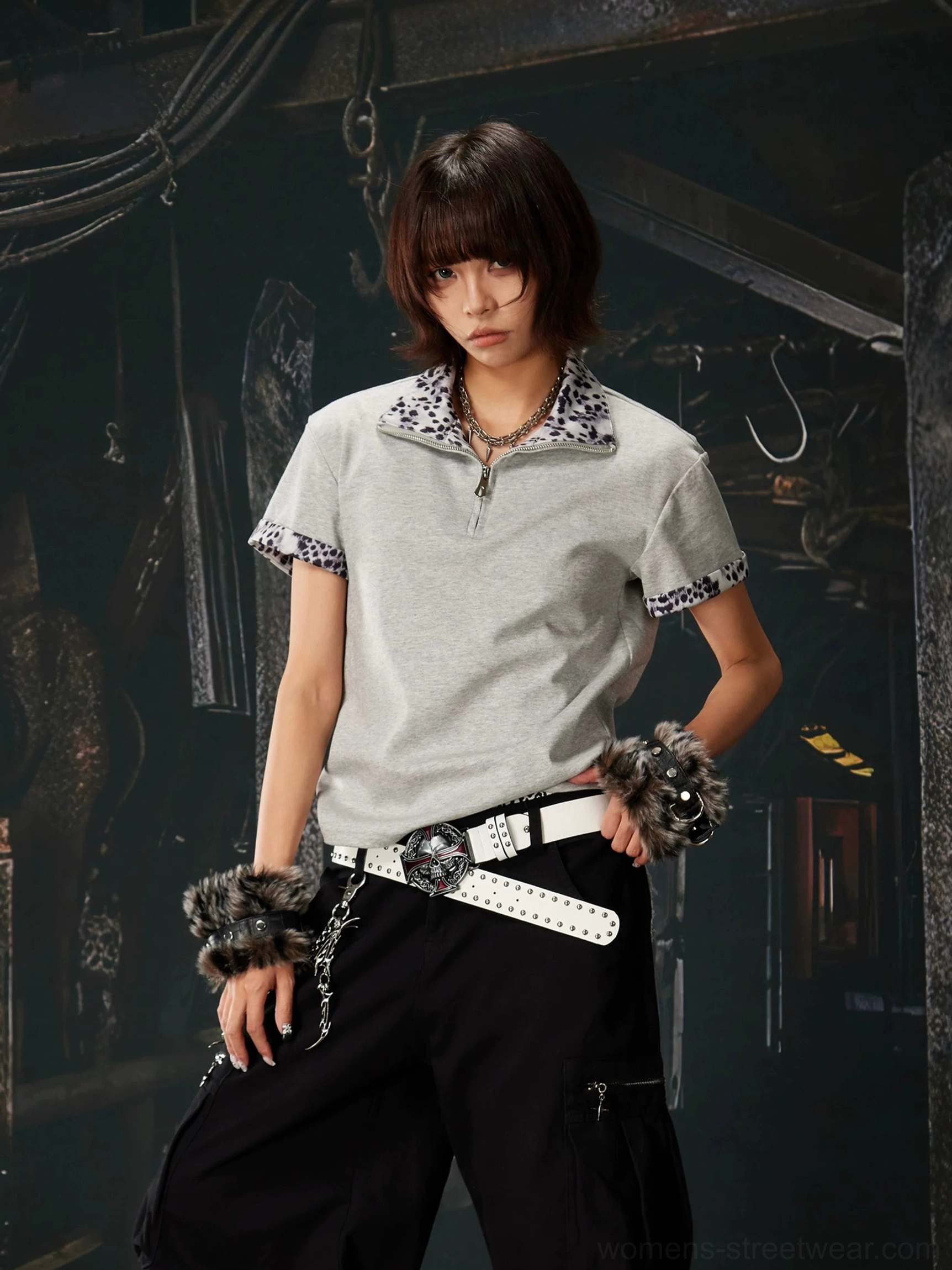 Leopard trim half-zip boxy Korean streetwear polo shirt in black and gray color options