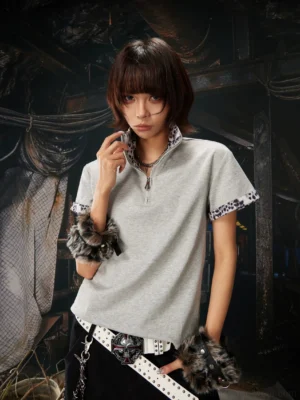 Gray leopard trim half-zip polo shirt on female model in an industrial Korean streetwear outfit