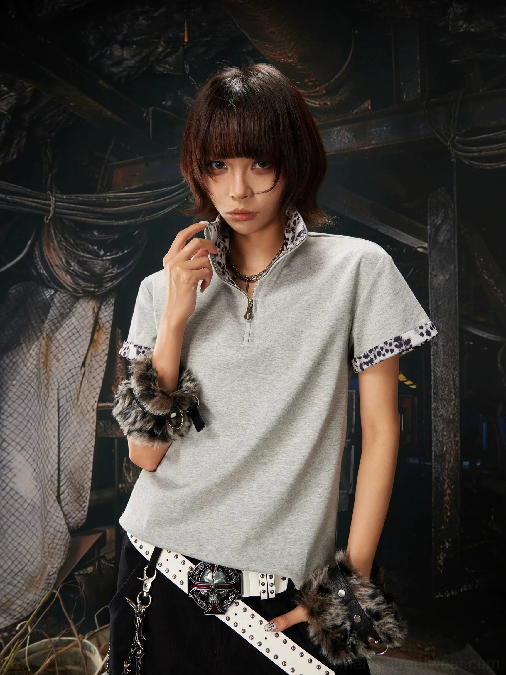 Gray leopard trim half-zip polo shirt on female model in an industrial Korean streetwear outfit
