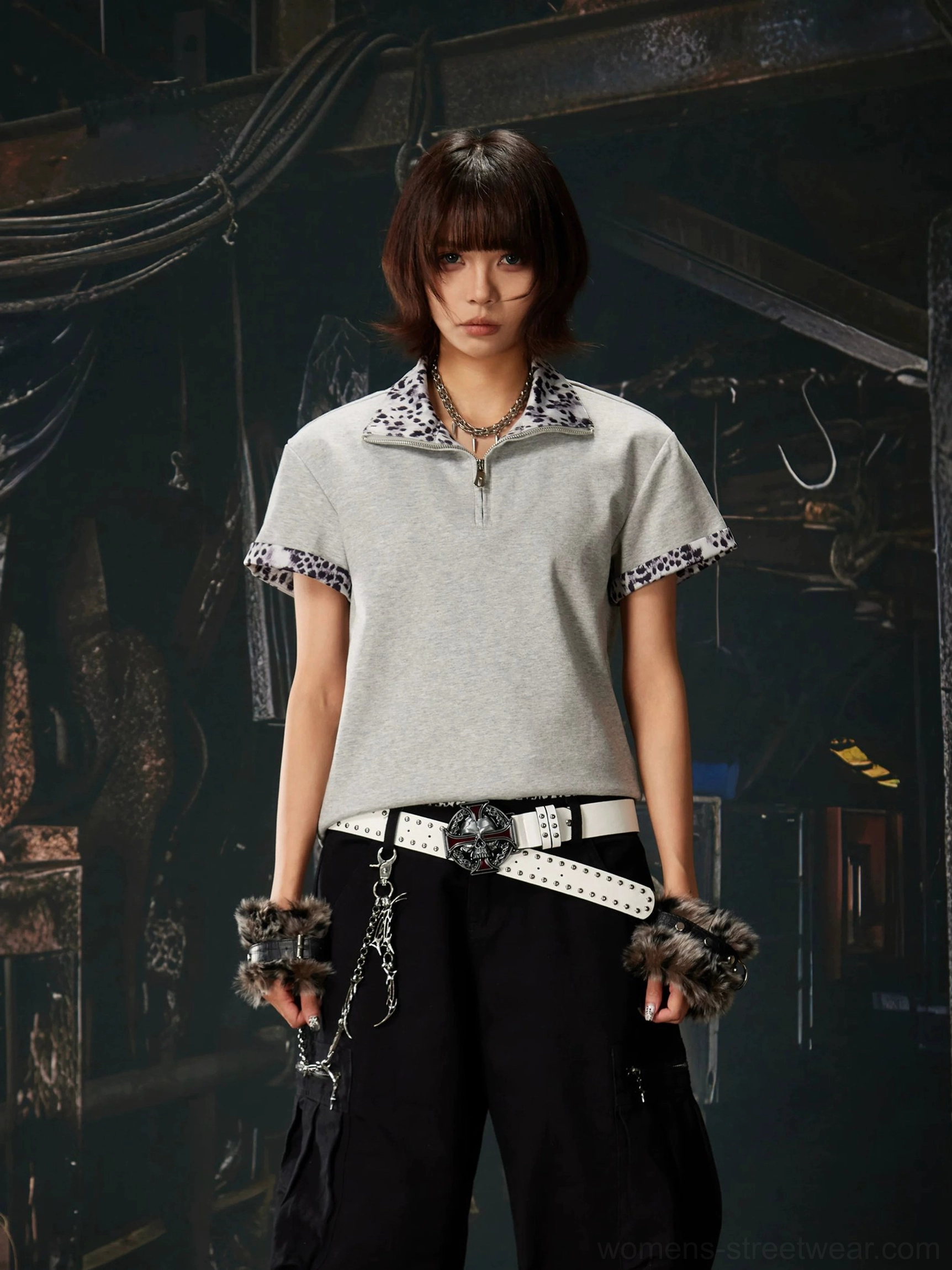 Gray leopard trim half-zip boxy Korean streetwear polo shirt product image