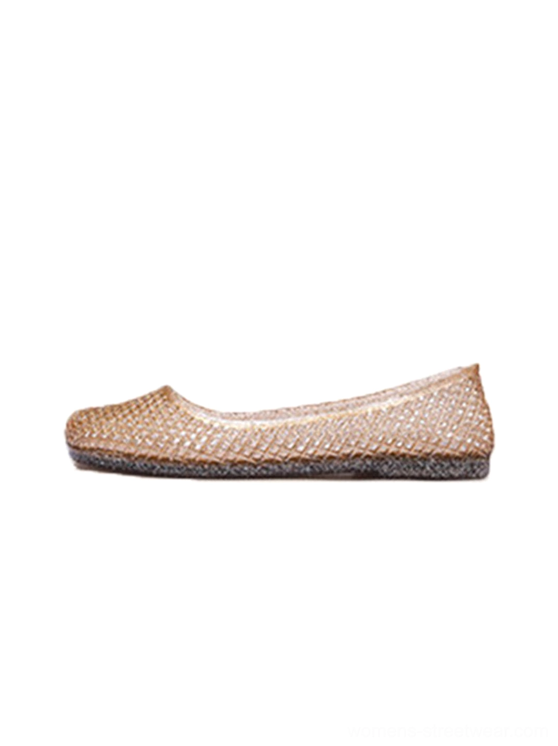 Light apricot glitter mesh jelly ballet flat with open woven upper and rounded toe