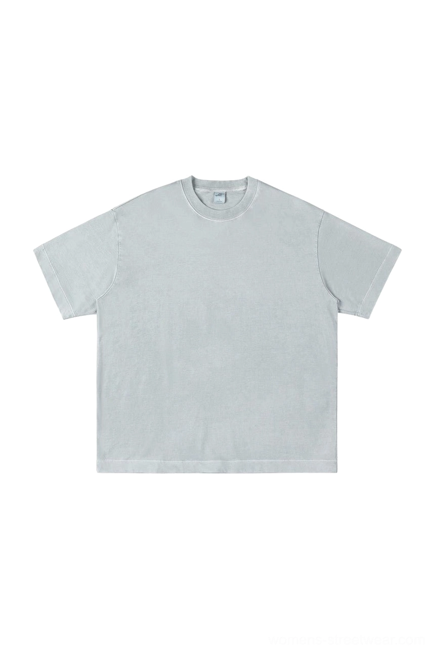 Light ash gray vintage washed oversized plain cotton crewneck T-shirt for minimalist streetwear layering