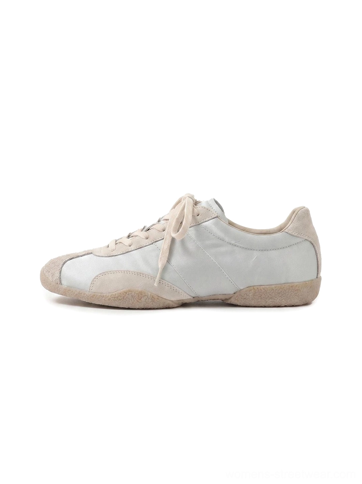 Light beige retro lace-up trainers with silver contrast panels, suede-effect toe cap, layered upper, and flat gum-style Oxford outsole shown on a white background