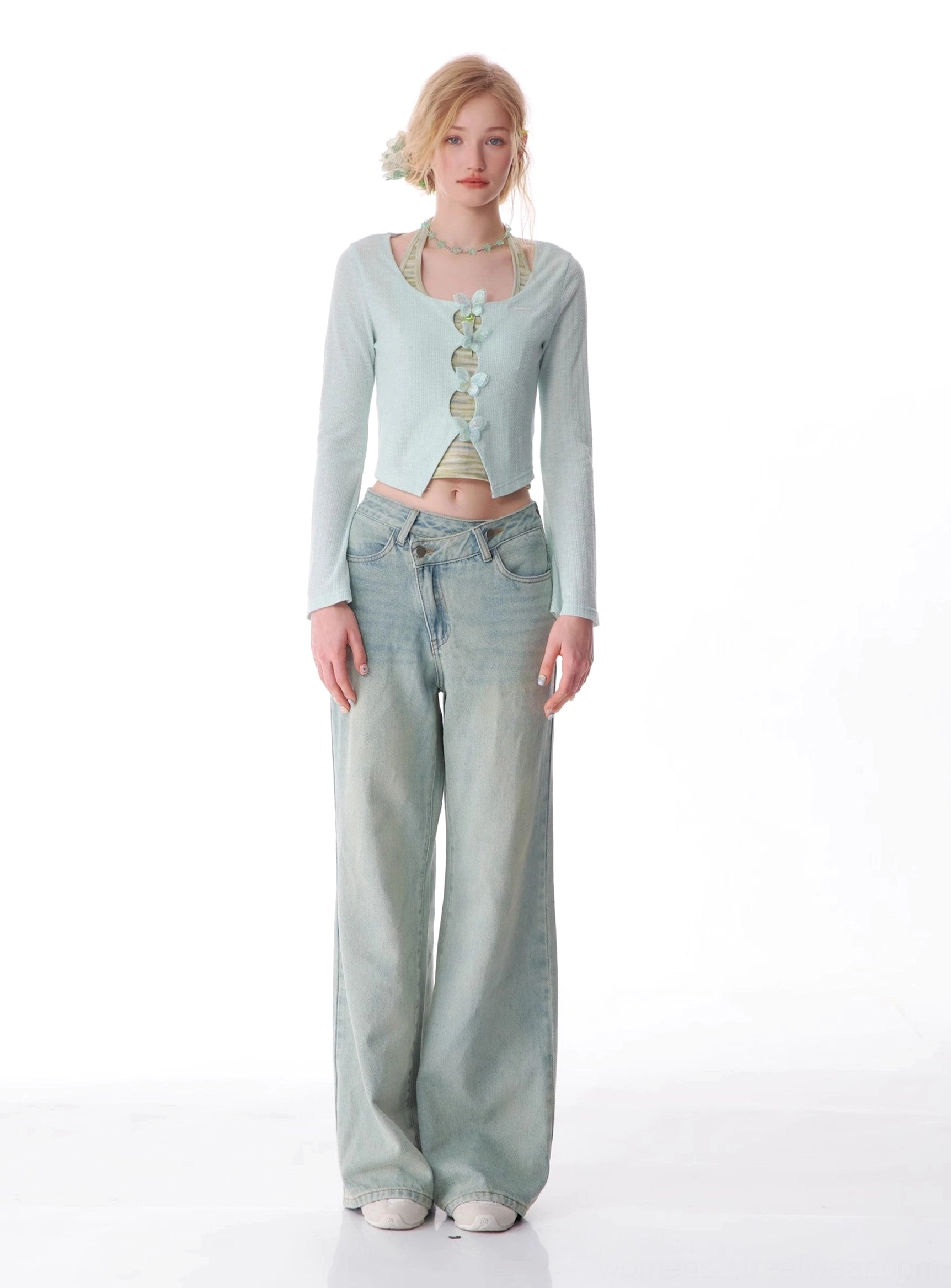 Light blue asymmetrical wide leg jeans designed for Korean fashion, Seoul streetwear, and everyday styling
