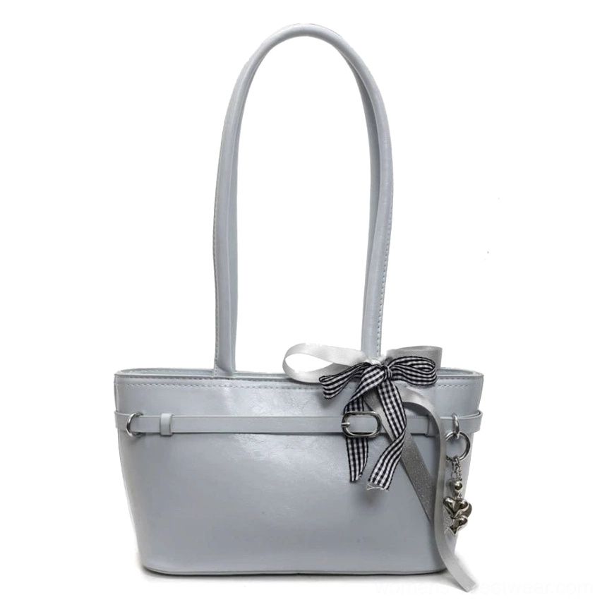 Cherry picnic ribbon baguette bag in light blue with silk scarf accent, glossy finish, and Japanese Korean girly fashion aesthetic