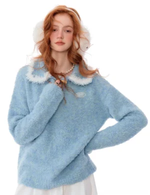 Light blue faux fur collar knit sweater in a three-quarter front view with a soft fuzzy texture and white Peter Pan collar
