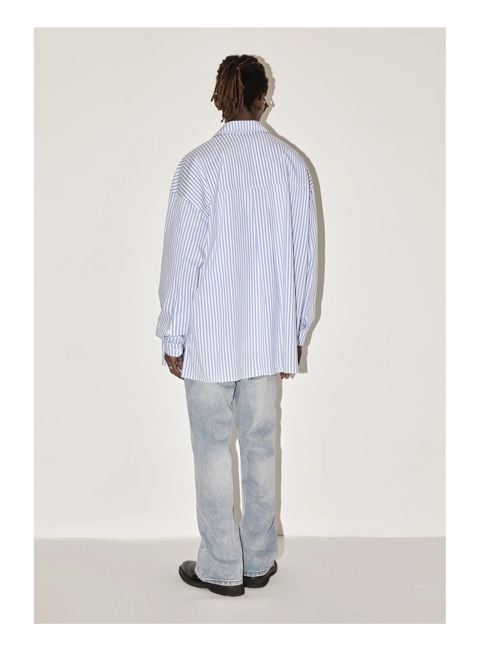 Light blue geometric panel striped oversized streetwear shirt detailed product view