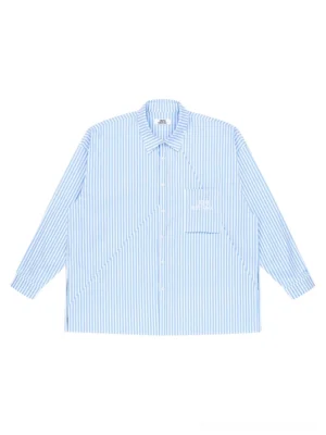 Light blue geometric panel striped oversized streetwear shirt flat lay front view with button closure and large chest pocket