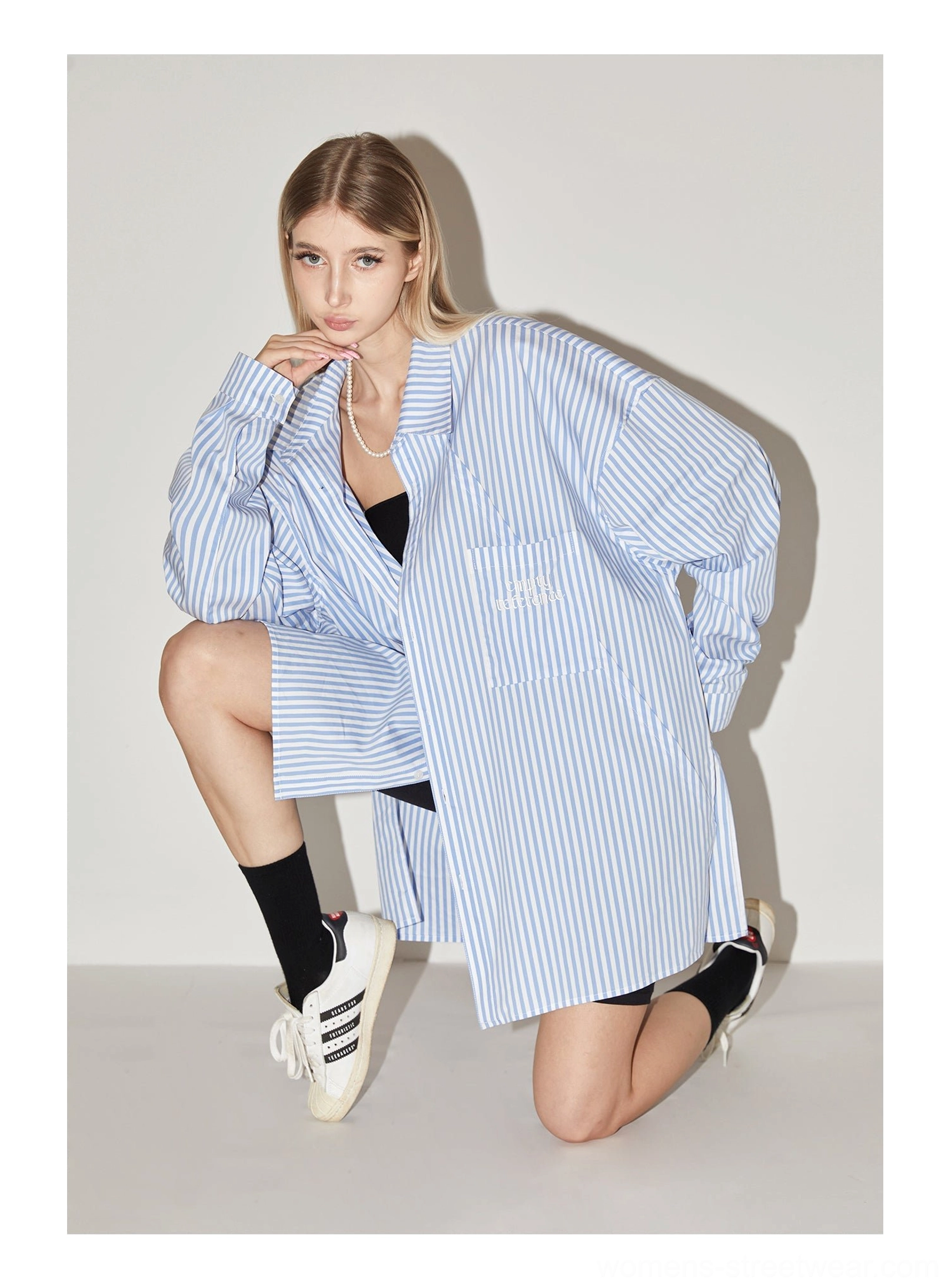 Light blue geometric panel striped oversized streetwear shirt relaxed unisex fashion product view