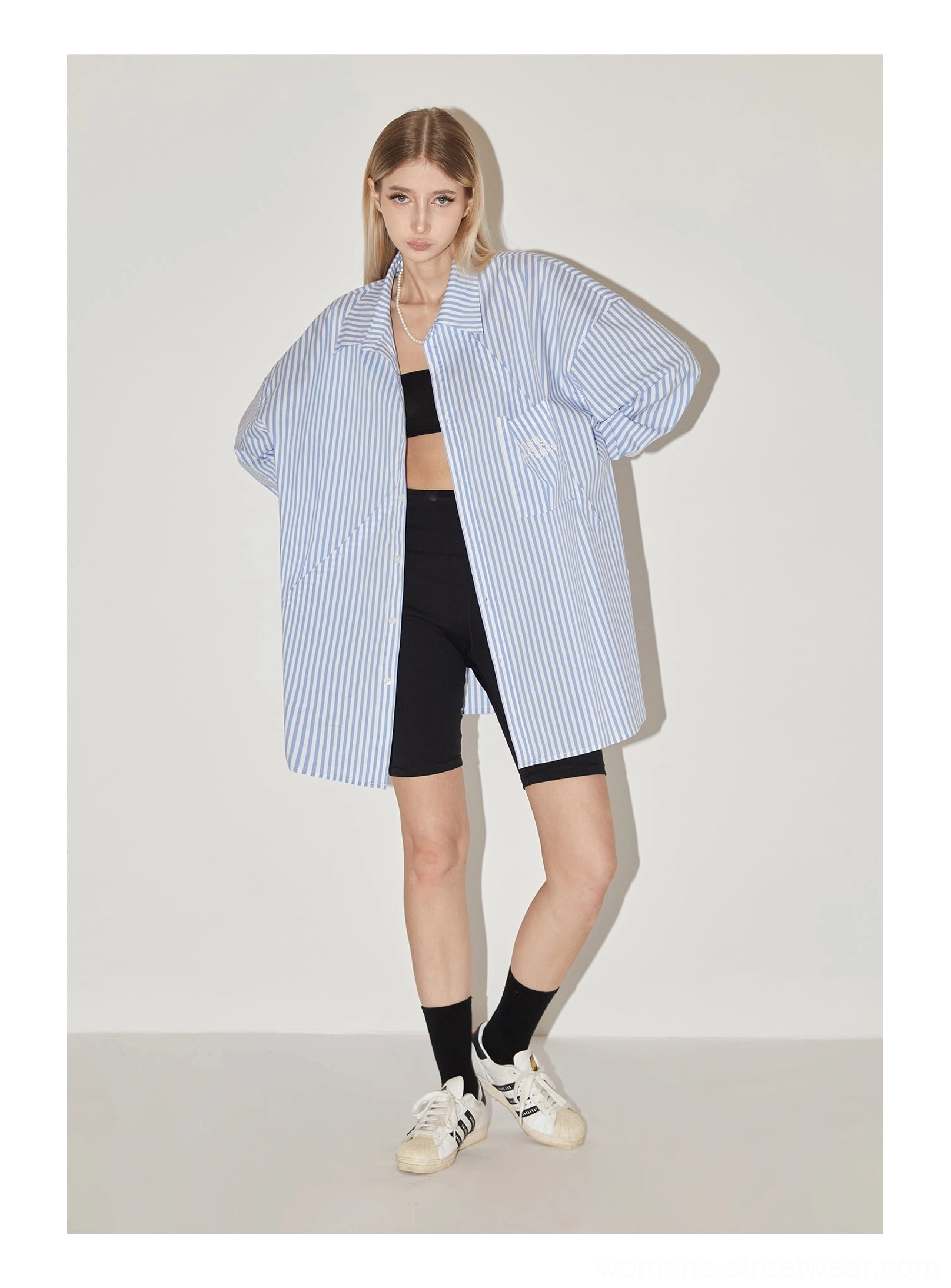 Light blue geometric panel striped oversized unisex button-up shirt streetwear styling view